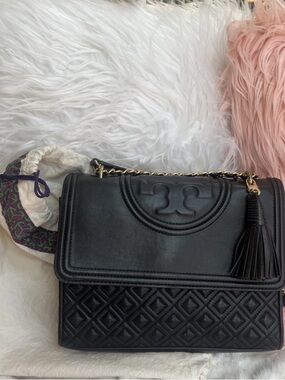 Tory Burch Black Quilted Leather Shoulder Bag with Tassel